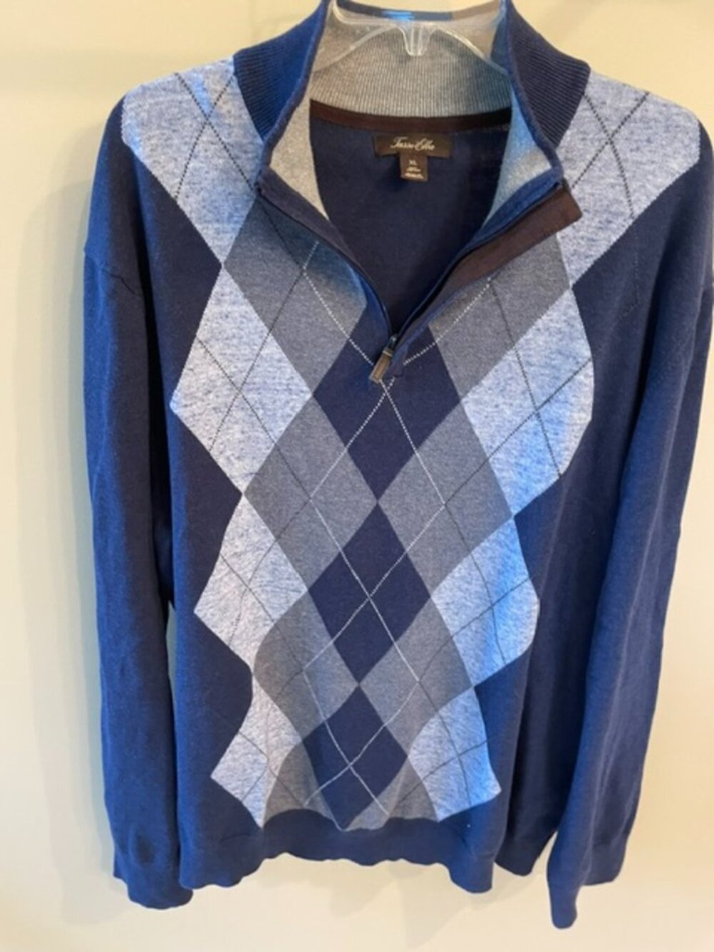 Men's Tasso Elba Cotton 1/4 Zip Argyle Sweater in shades of blue, size XL.